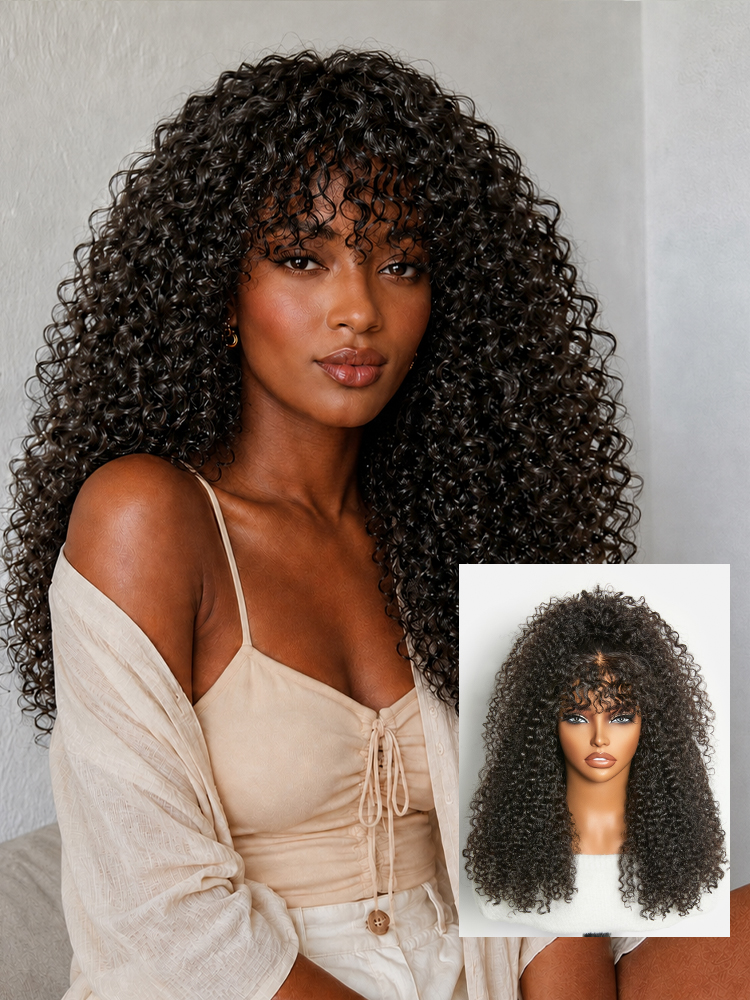 Beginner Friendly 200% Density Kinky Curly with Bangs Glueless 5x5 Closure Pre-Cut Lace Wig All Head Sizes Fit Cap-image-43487122325594