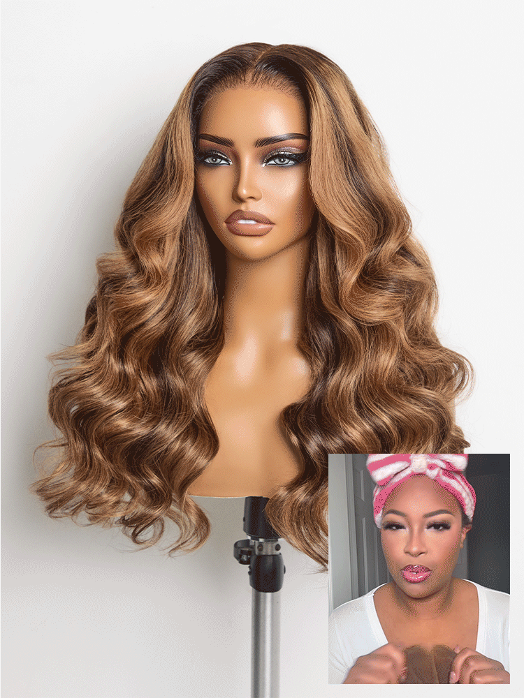 Sun-Kissed Warm Tone Brown with Blonde Highlights 180% Density Loose Wave Glueless 5x5 Closure Lace Wig Pre-Cut Lace-image-42526536269914