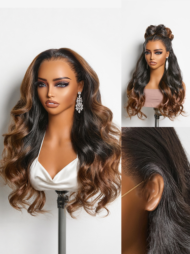 NatureMAXâ¢ 200% Density Ombre Brown / Natural Black Loose Wave Glueless 13x6 / 13x4 HD Lace Front Wig Human Hair Pre-Cut Lace Flexi-Fit Drawstring C-image-42355943440474