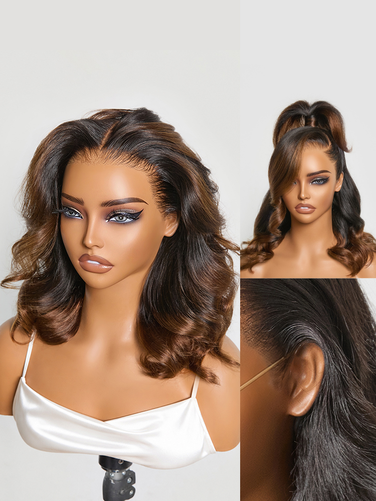 NatureMAXâ¢ 200% Density Ombre Brown / Natural Black Loose Wave Glueless 13x6 HD Lace Front Shoulder Length Wig Pre-Cut Lace Flexi-Fit Drawstring Cap-image-42493756833882