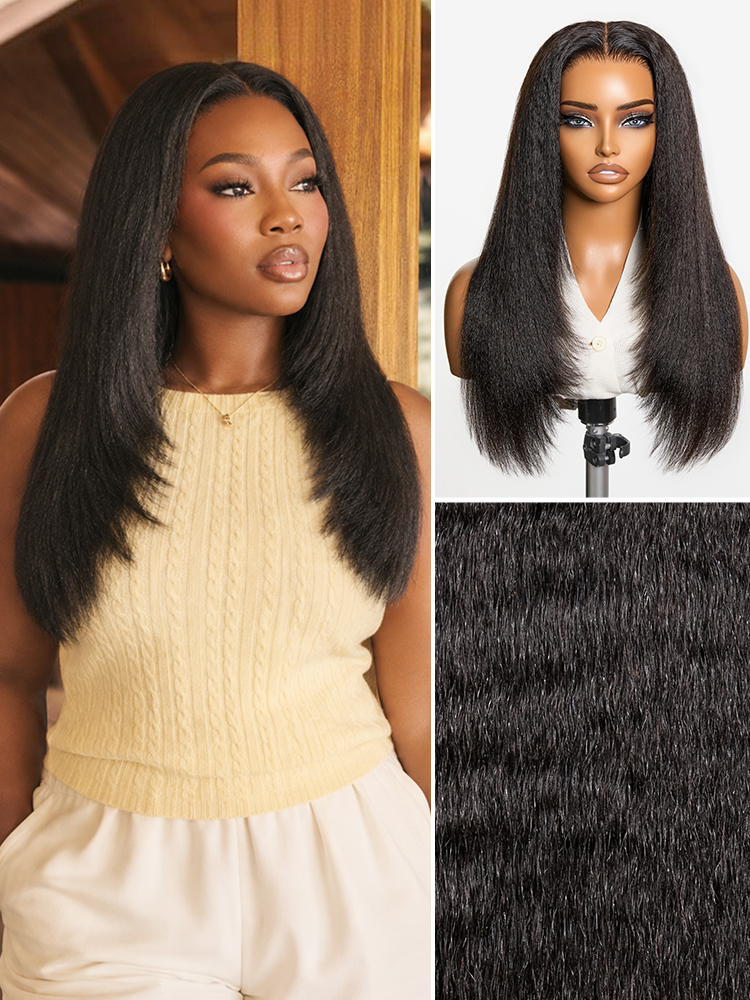 180% Density Light  Kinky Straight Butterfly Cut Layered  Glueless 7x6 Closure HD Lace Wig Pre-Cut Lace-image-43666114445402