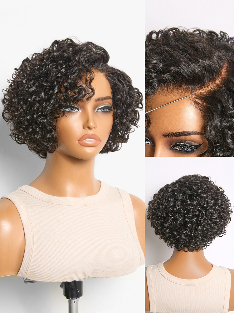 Natural Black / Brown Highlight Water Wave Pixie Cut Glueless Minimalist HD Lace Short Curly Wig-image-42920055865434