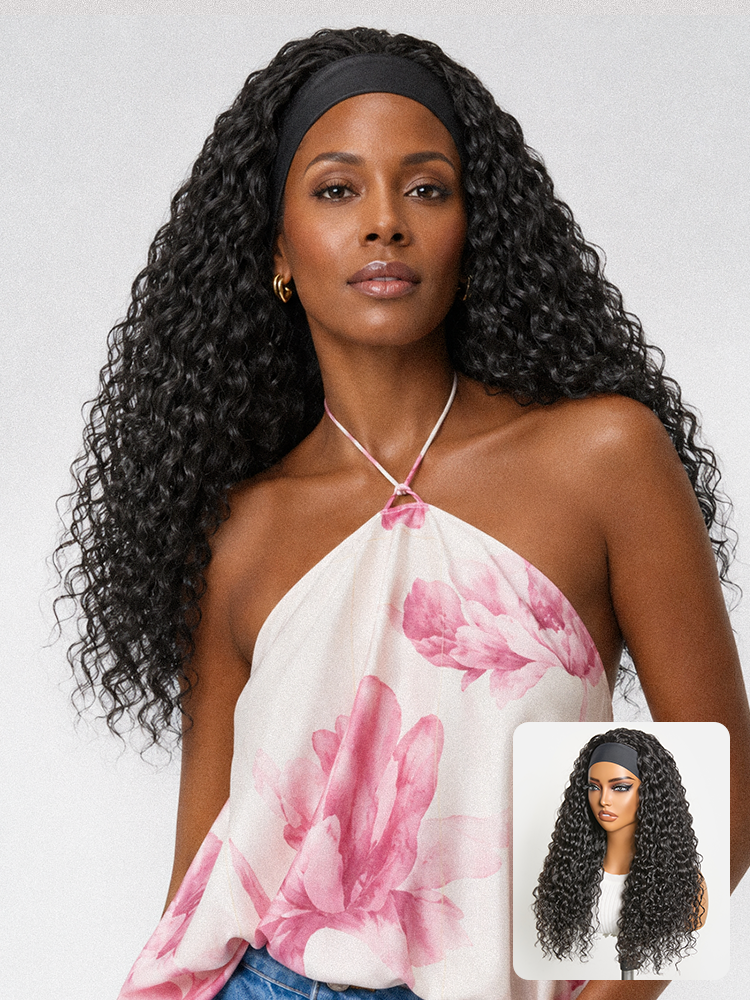 Beginner Friendly Water-Wave Wet and Wavy Headband Wig with Integrated Cooling Silk Headband, Effortless Wet-to-Dry Transformation (Get 2 Free Headban