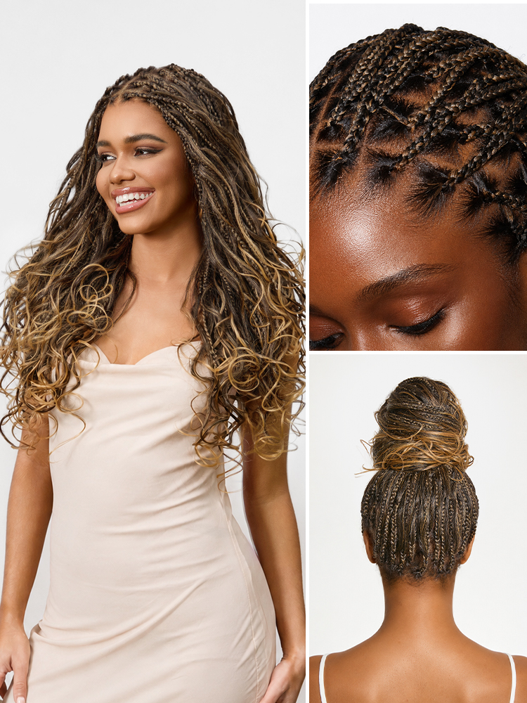 OwnScalpâ¢Ombre Honey Blonde French Curl Knotless Boho Braids HD Full Lace Long Wig Flexi Fit Invisi Drawstring Cap - US Only