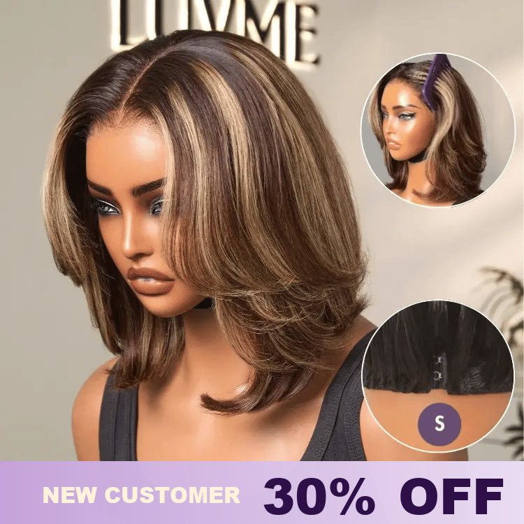 New Customers Only | Blonde Highlight / Brown Highlight Short Layered Bob Wig Glueless 5x5 Closure Pre-Cut Lace Wig