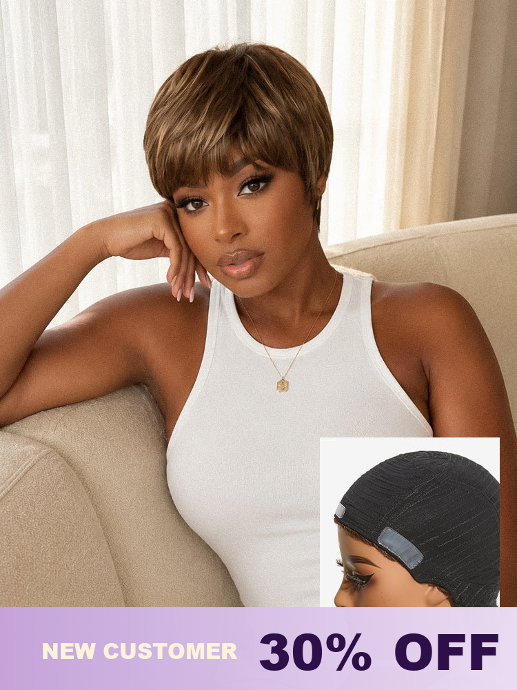 New Customers Only | Throw On & Go Short Cut with Bangs Wig Ultra Comfort Cotton Cap Glueless Wig Hair Loss Friendly