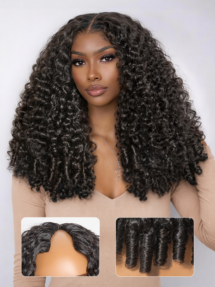 True Scalp V Part 180% Density Burmese Curly Finger Coil Ends Glueless Human Hair Wig with Flexi-Fit Drawstring from Luvme Hair
