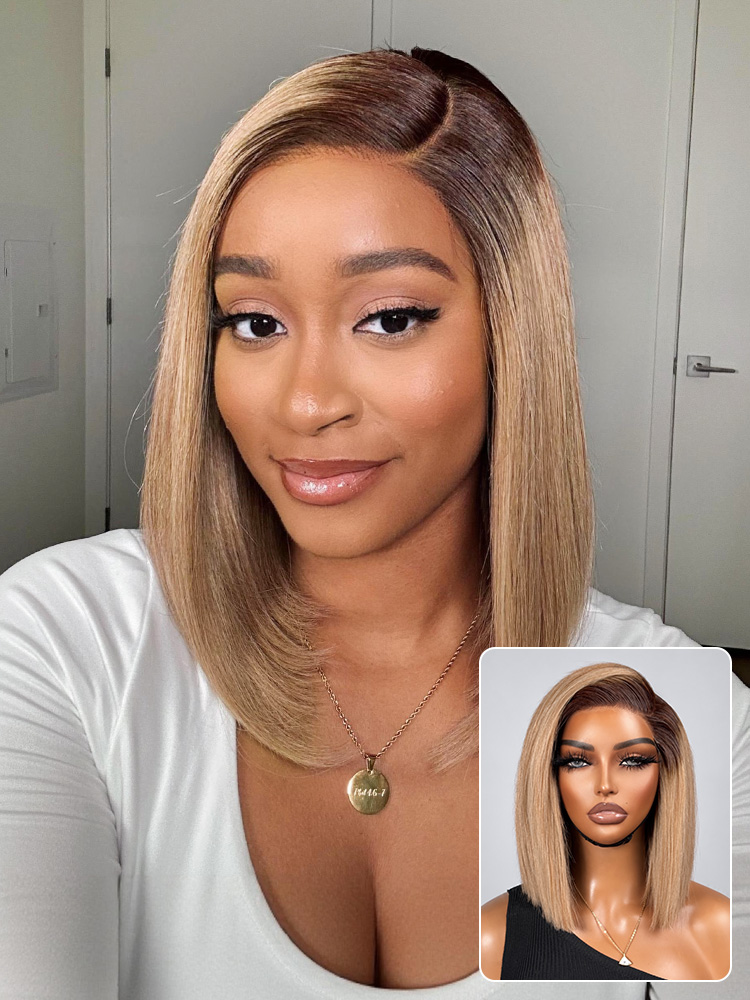 Ash Blonde Ombre Blunt Cut Bob Glueless Minimalist HD Lace Short Bob Wig Ready to Go Pre-Cut Lace